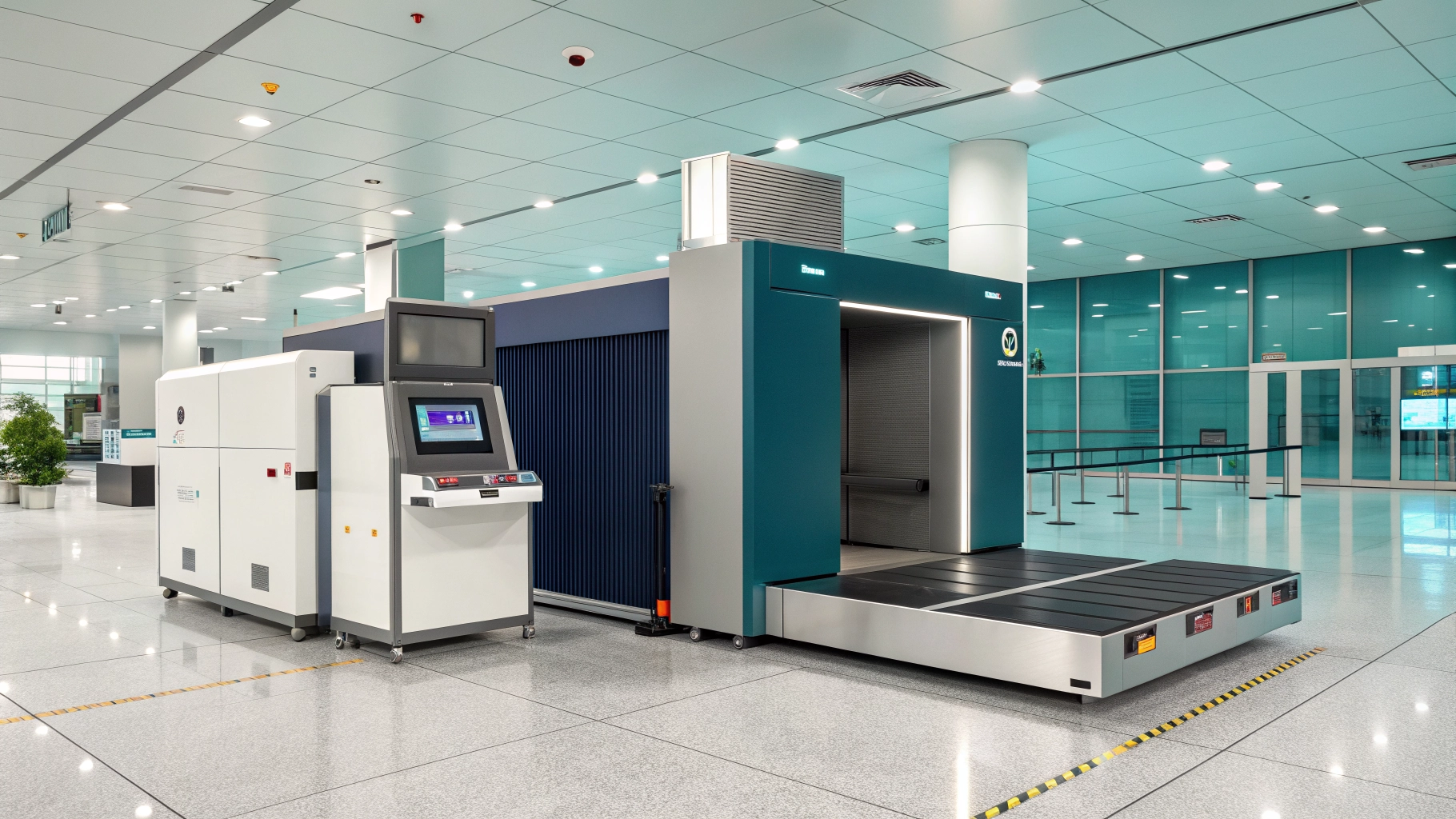 Professional airport security screening environment with advanced X-ray machine background